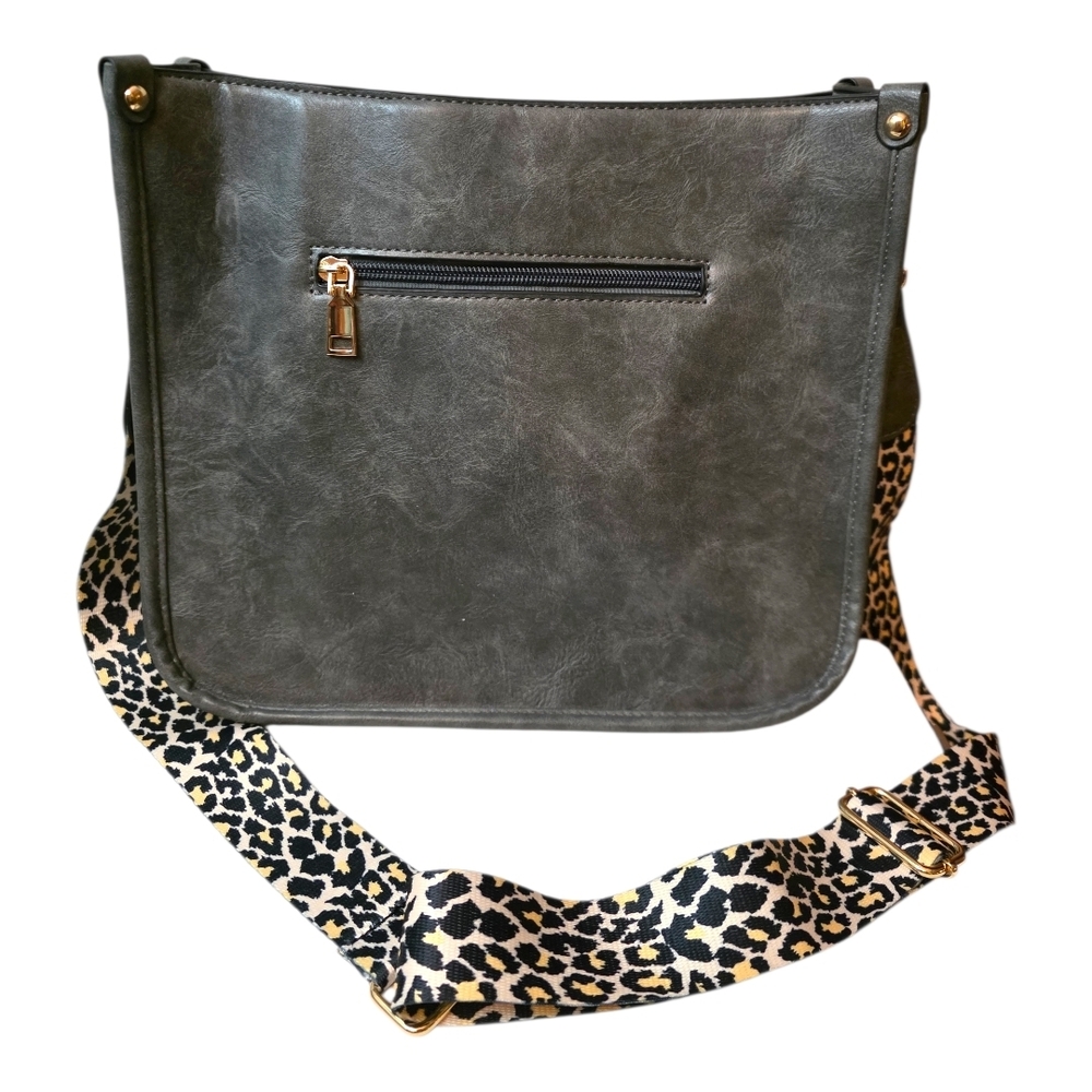 Charcoal Gray Faux Leather Crossbody Bag w/ Leopard & Tan Strap | Gold Hardware - Picture 2 of 12